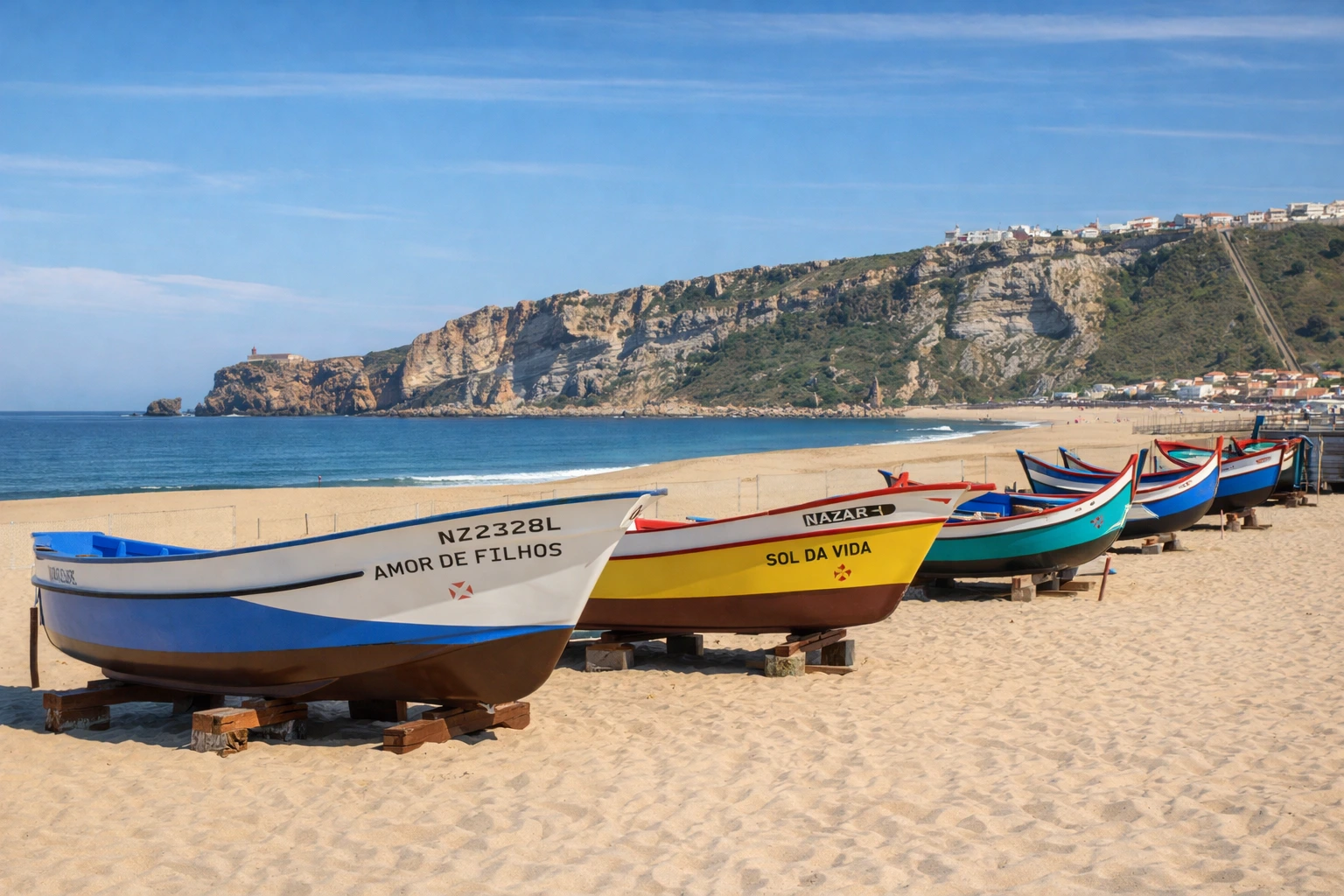 Traditional wooden fishing boats on Praia da Nazaré with the Sítio clifftop and lighthouse road in the background on a clear, calm day — Lisbon to Nazaré day trip.