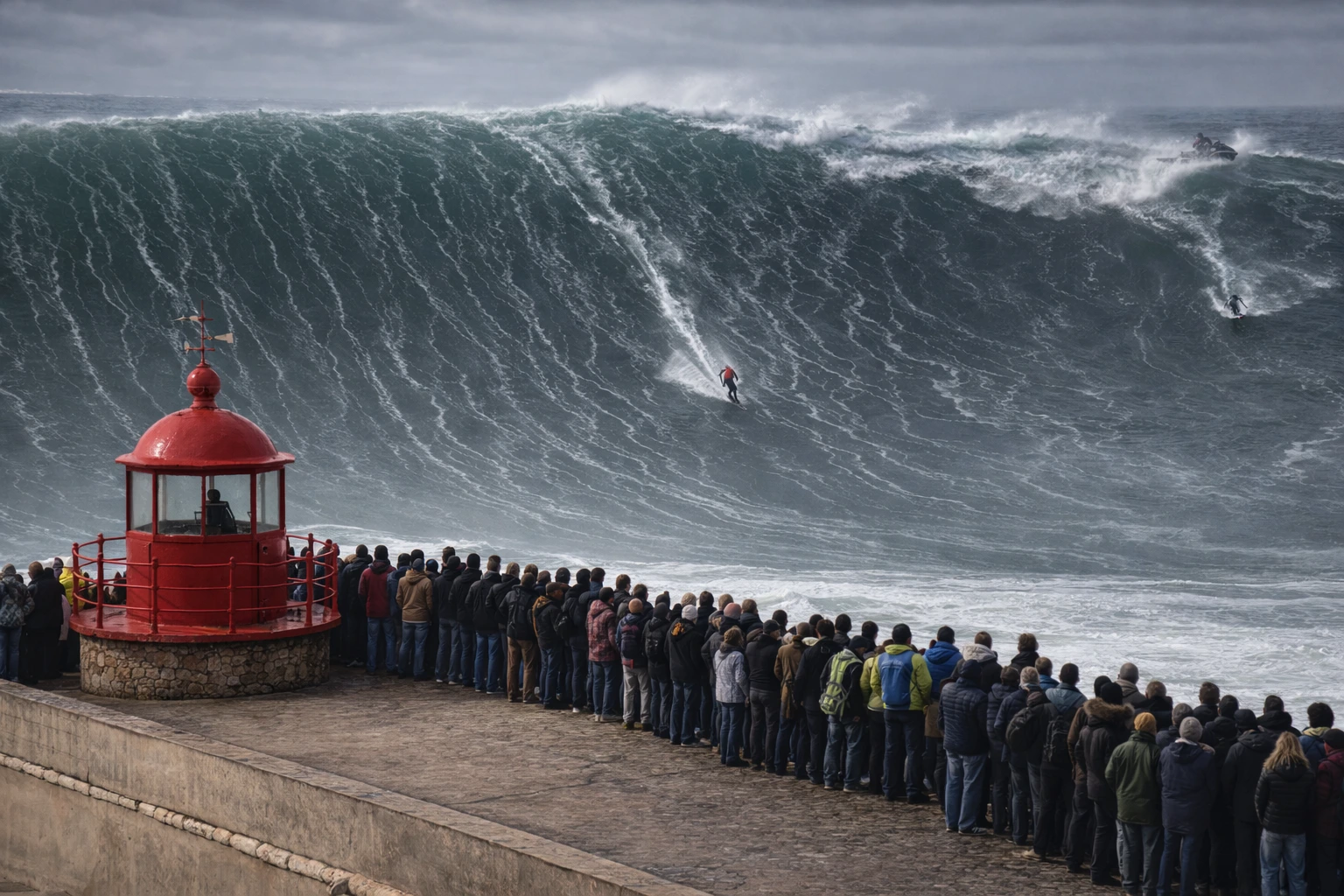 Crowd at the Nazaré lighthouse watching a giant wave at Praia do Norte as a surfer drops the face
