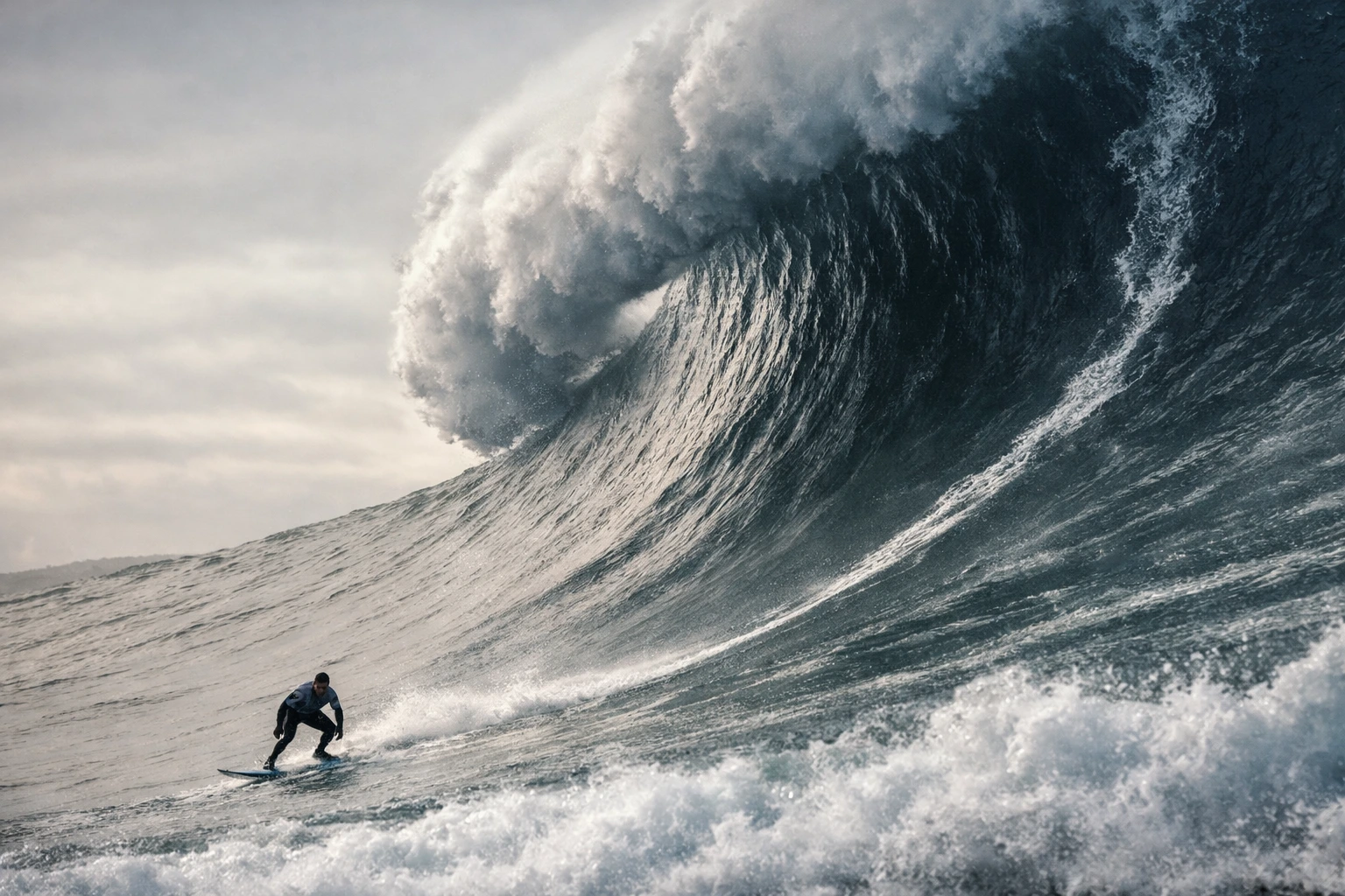 Ultra-realistic photo of a surfer riding down the face of a massive, dark-blue wave with heavy spray under an overcast sky.