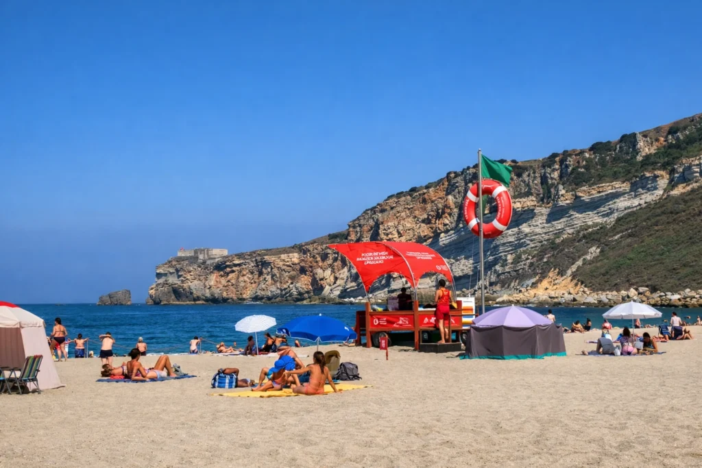 Lifeguard post on Praia da Nazaré with sunbathers on the sand and cliffs in the background on a clear summer day.
