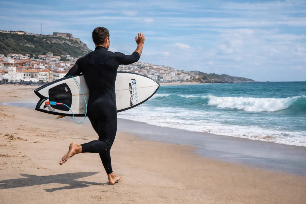 Surfer with short hair carrying a surfboard toward the ocean at Nazaré town beach, Portugal, on a clear day.