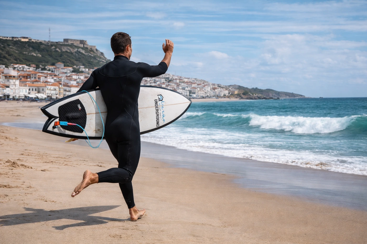 Surfer with short hair carrying a surfboard toward the ocean at Nazaré town beach, Portugal, on a clear day.